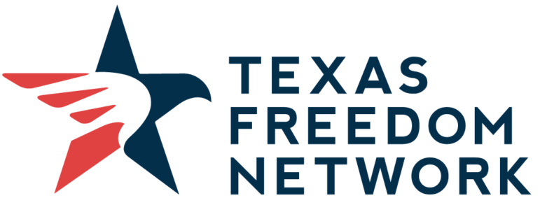 Red and Blue TFN Logo to the left of the words Texas Freedom Network stacked on top of each other after each word.