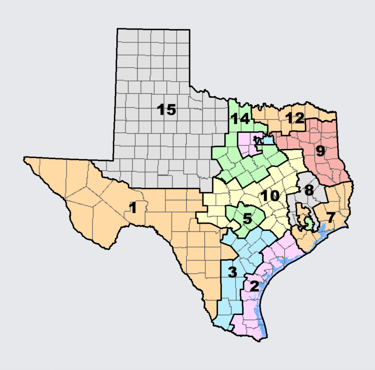 A color-coded map of Texas SBOE districts is shown.